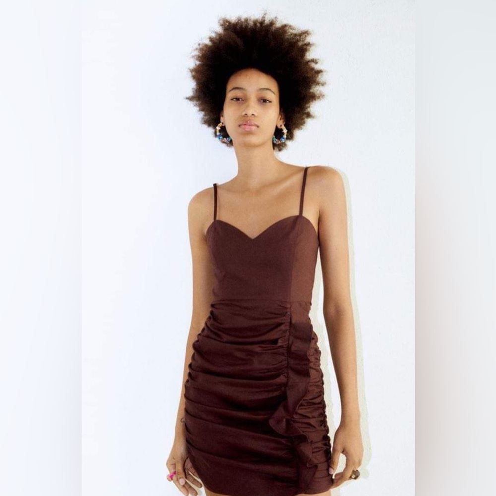 NWT Zara fitted rouged mini dress dark brown, zipper, spaghetti straps, size XS